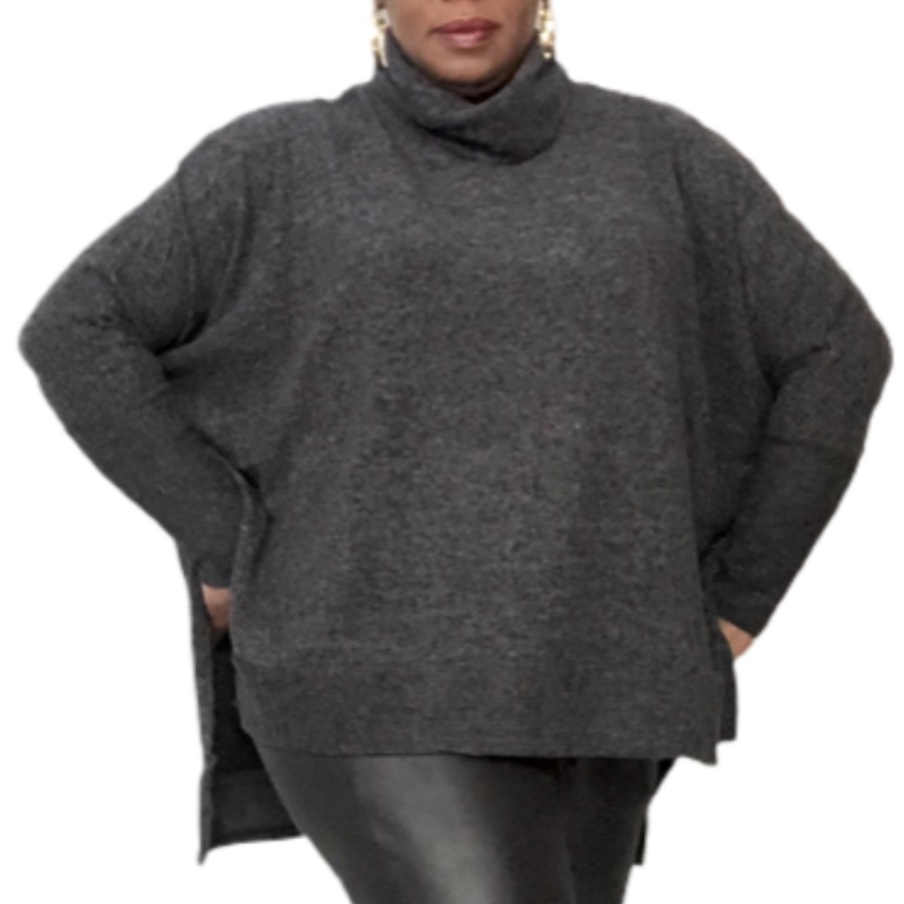 031 Cowl Neck Hi-Low Sweater Black Gray Mix